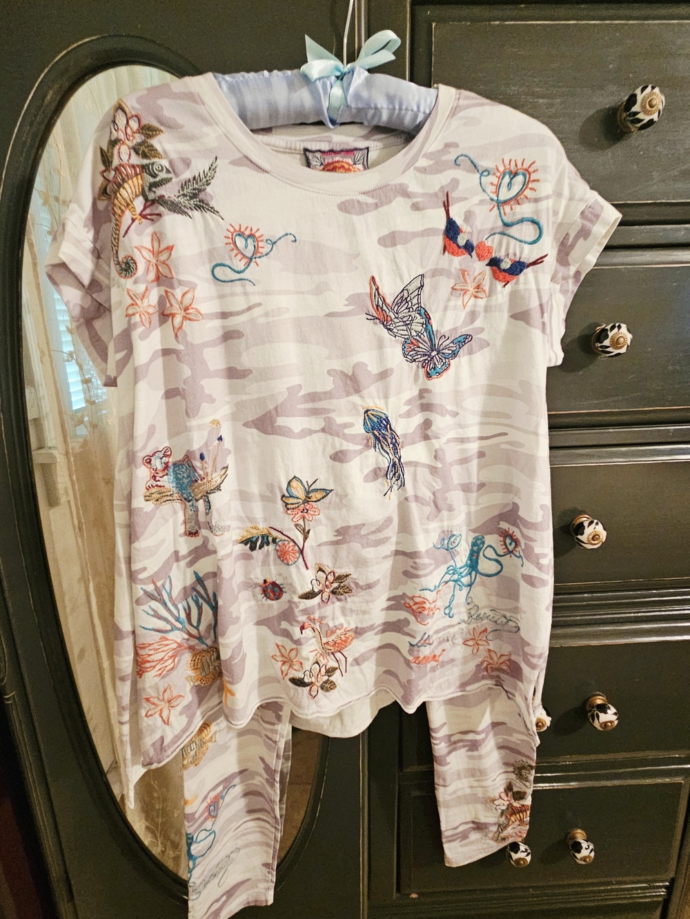 "JOHNNY WAS" Camo Embroidered Top With Matching Pants